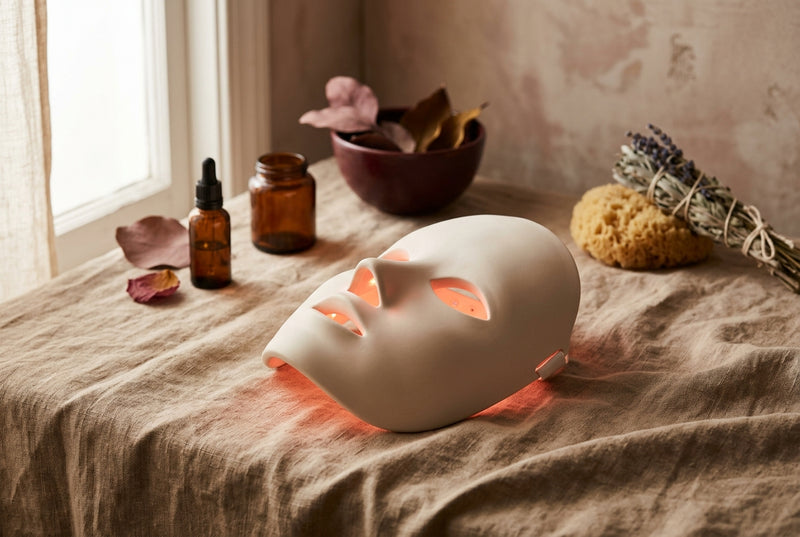 Rubralight mask resting on warm linen, bathed in red light
