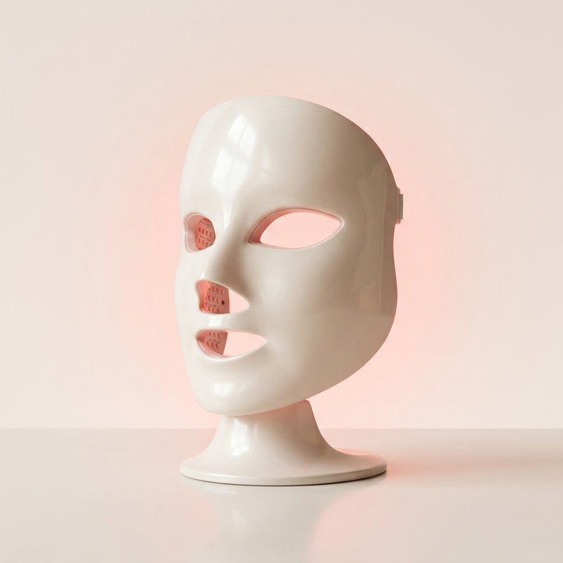Rubralight LED face mask on a minimalist stand against a cream backdrop