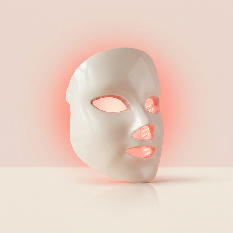 Rubralight LED red light therapy face mask glowing softly on a blush studio backdrop