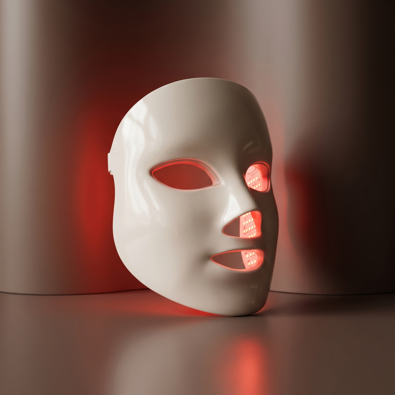 Rubralight mask glowing red on a dark studio backdrop
