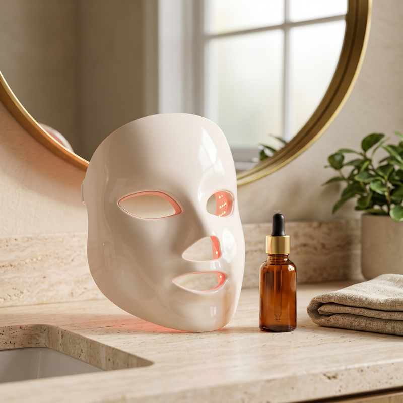 Rubralight LED face mask on a marble bathroom vanity with a serum bottle and round mirror
