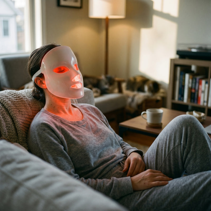 Woman relaxing on her couch wearing the glowing Rubralight LED mask