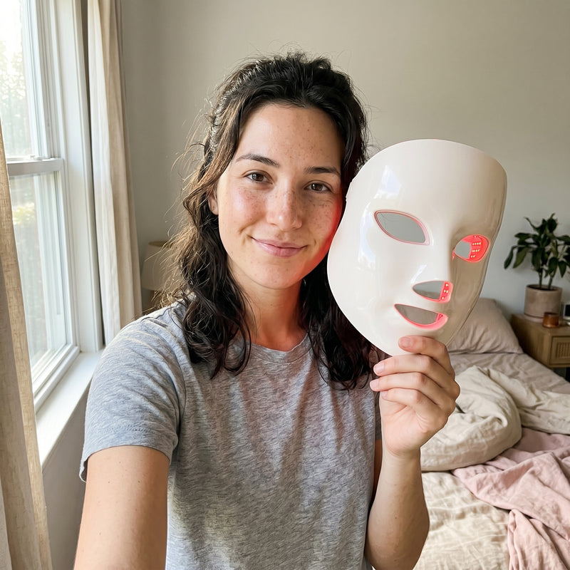 Woman holding the Rubralight LED mask up beside her face at home