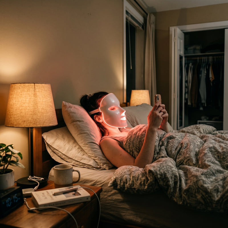 Woman unwinding in bed at night wearing the glowing Rubralight LED mask