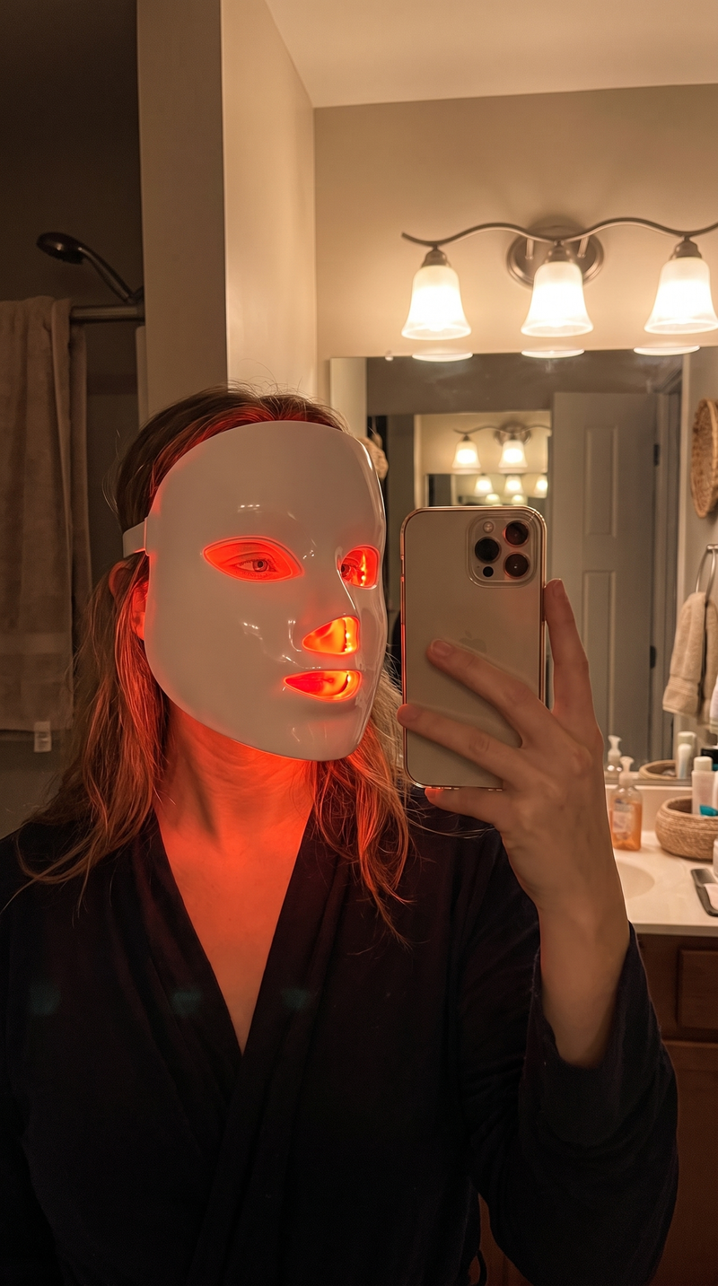 Real customer wearing the Rubralight LED mask glowing red - bathroom mirror selfie